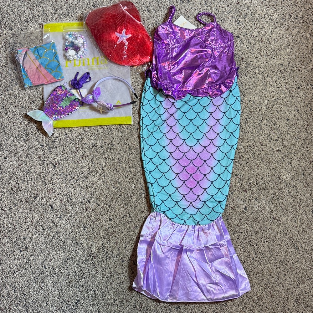 Funna Little Mermaid Costume Outfit Wig Necklace Headband Purse NEW Halloween